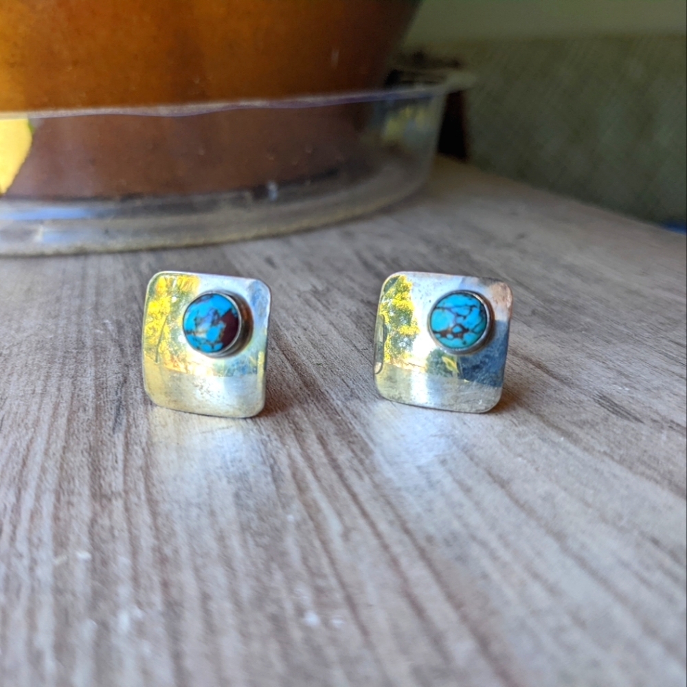 Vintage Sterling Silver & Genuine Turquoise Clip On Earrings